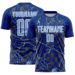 Custom Royal Light Blue-White Lightning Sublimation Soccer Uniform Jersey