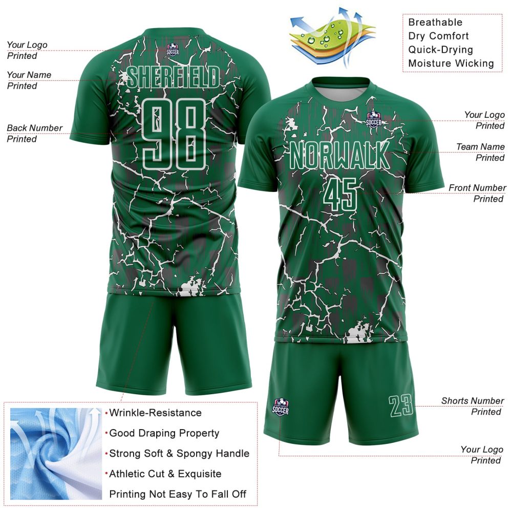 Custom Kelly Green White Lightning Sublimation Soccer Uniform Jersey