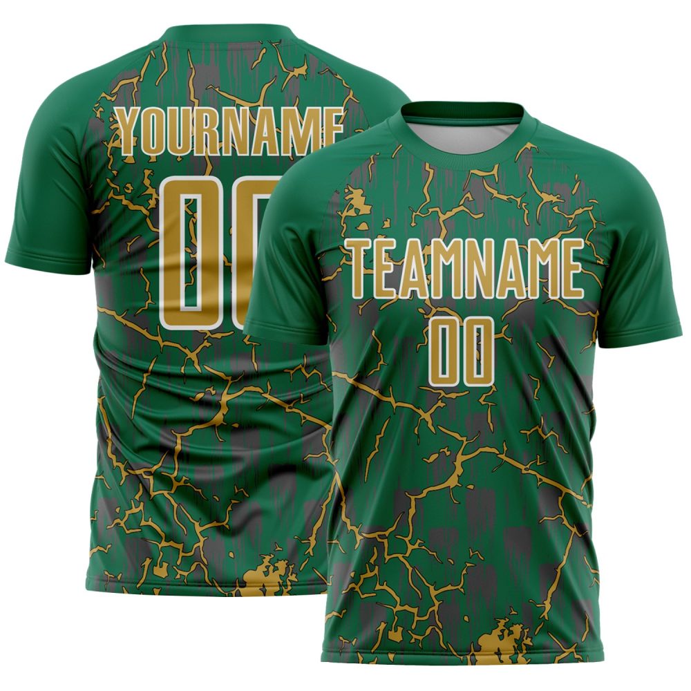 Custom Kelly Green Old Gold-White Lightning Sublimation Soccer Uniform Jersey