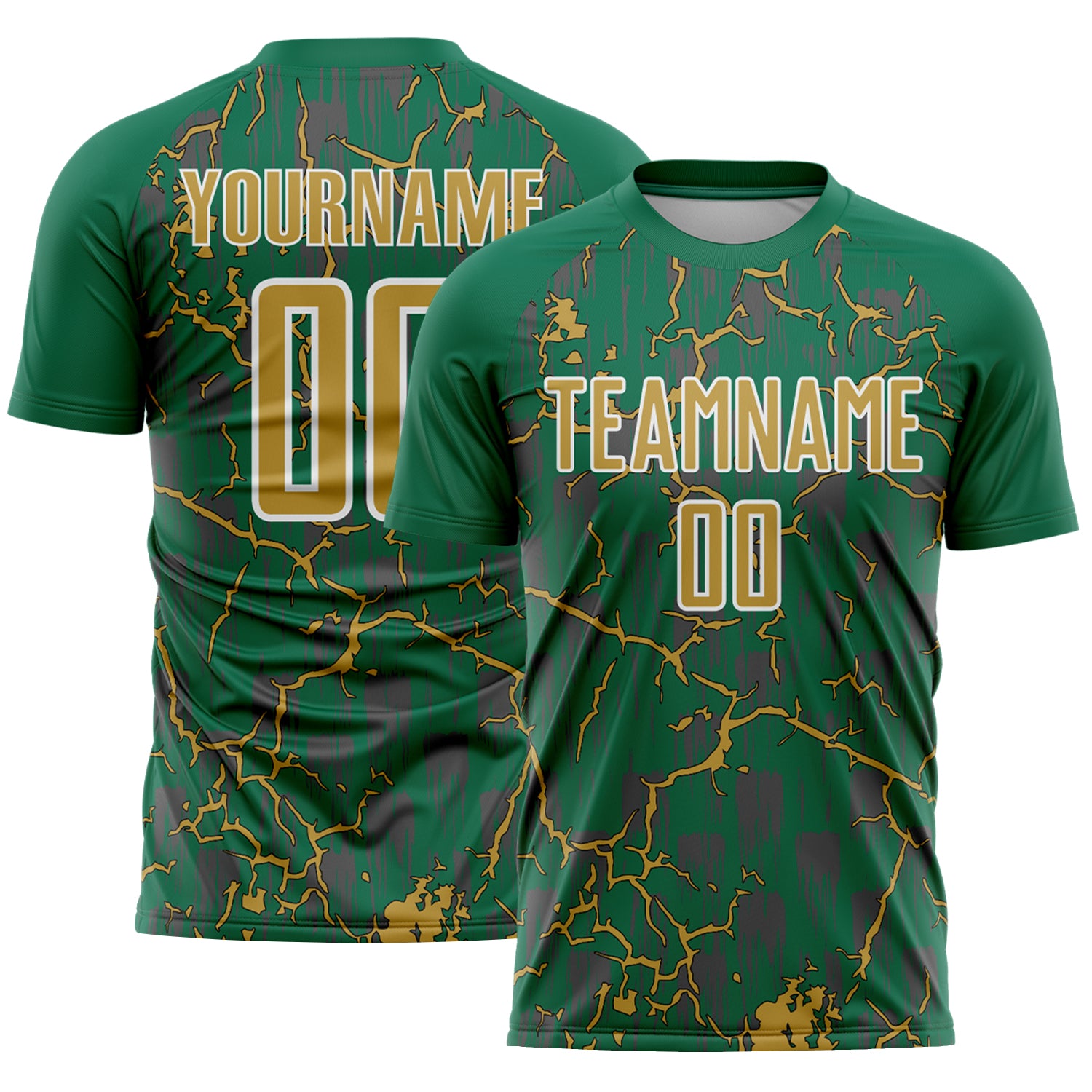 Custom Kelly Green Old Gold-White Lightning Sublimation Soccer Uniform Jersey