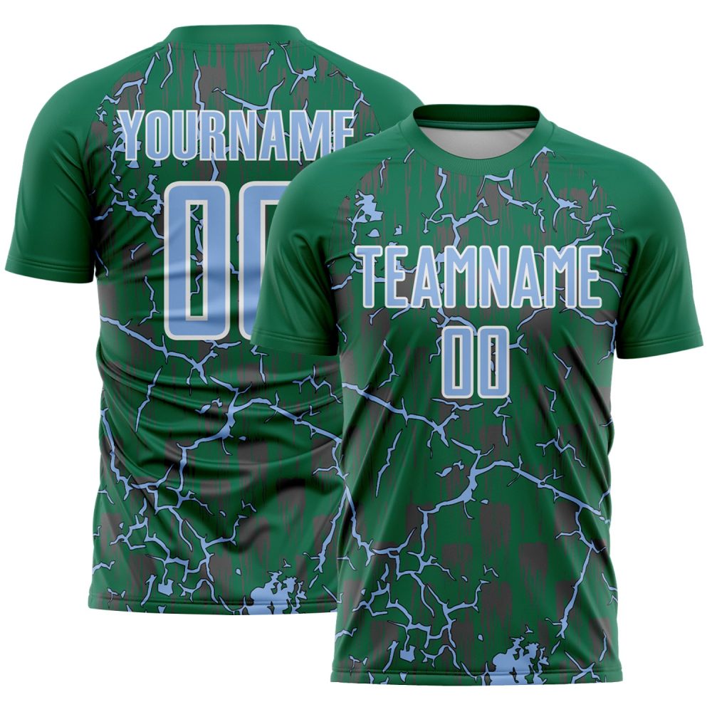 Custom Kelly Green Light Blue-White Lightning Sublimation Soccer Uniform Jersey