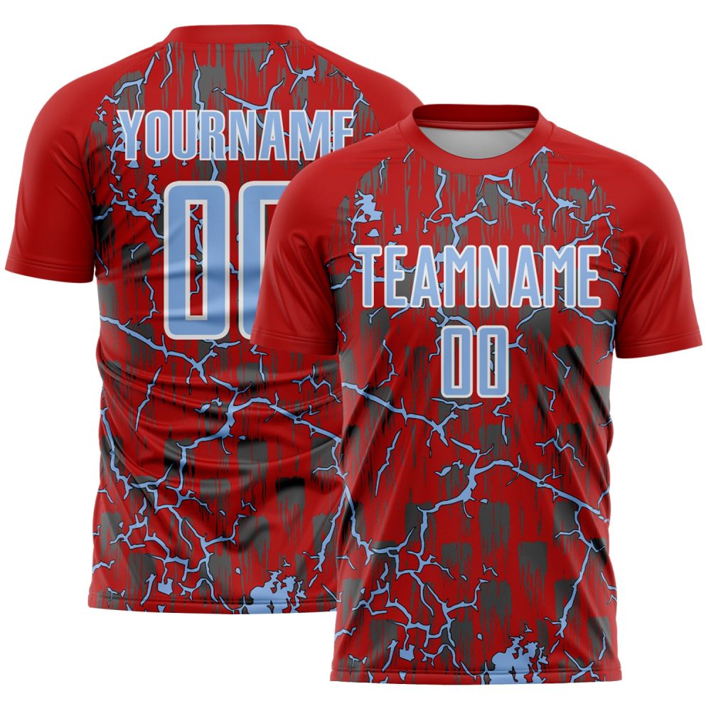 Custom Red Light Blue-White Lightning Sublimation Soccer Uniform Jersey