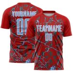 Custom Red Light Blue-White Lightning Sublimation Soccer Uniform Jersey