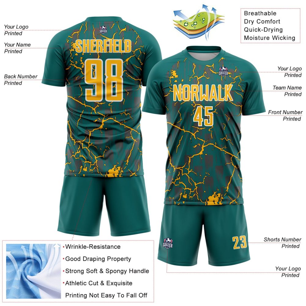 Custom Teal Gold-White Lightning Sublimation Soccer Uniform Jersey