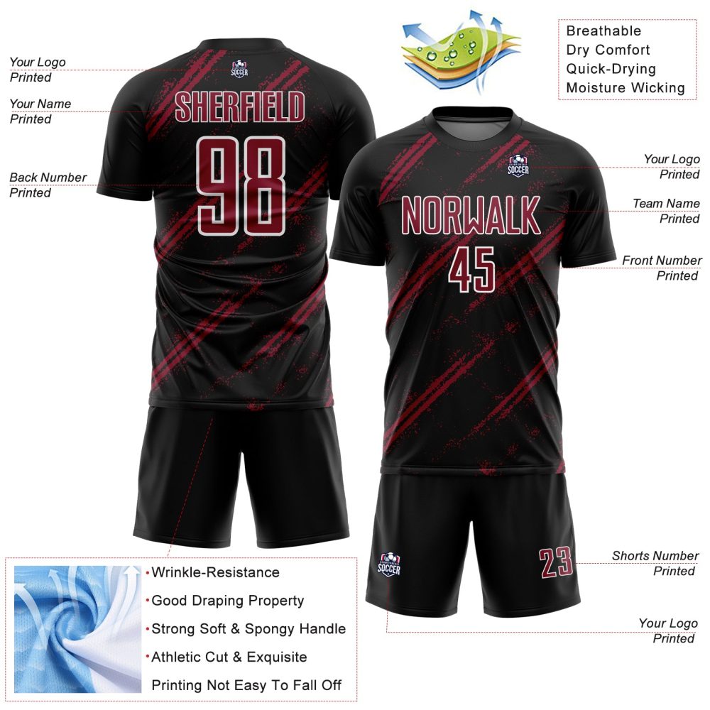 Custom Black Crimson-White Abstract Fragment Art Splash Sublimation Soccer Uniform Jersey