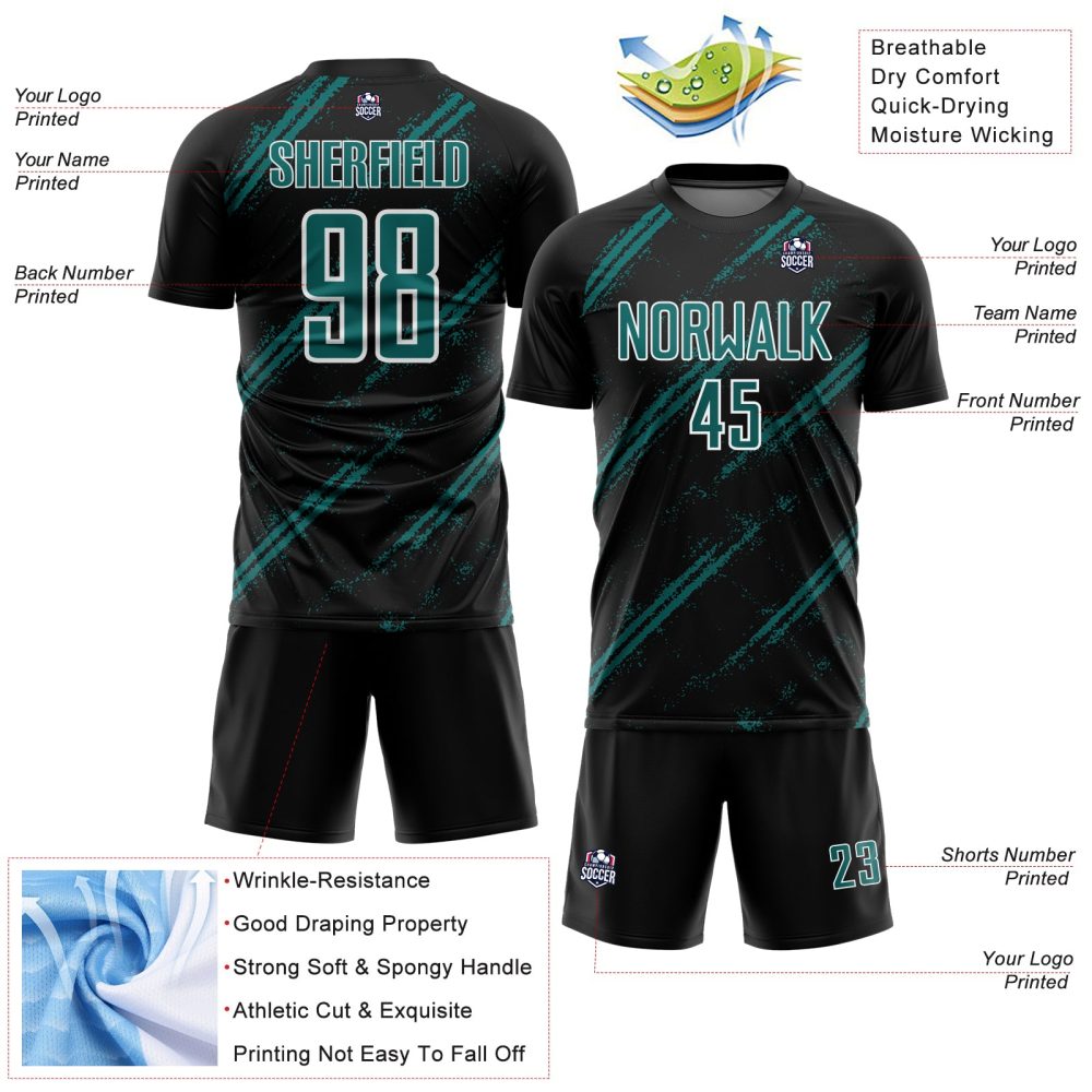 Custom Black Teal-White Abstract Fragment Art Splash Sublimation Soccer Uniform Jersey