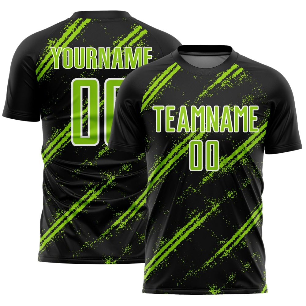 Custom Black Neon Green-White Abstract Fragment Art Splash Sublimation Soccer Uniform Jersey